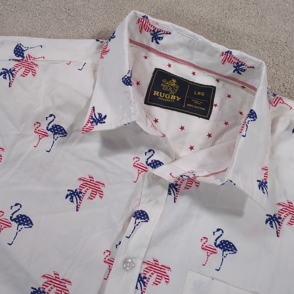 Rugby Men's Cotton Button-Up Shirt Large White Patriotic Flamingo Palm Tree USA